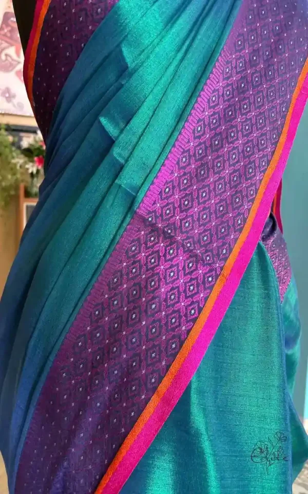 Dark Green n Blue Dual Tone on Pink Border Tissue saree