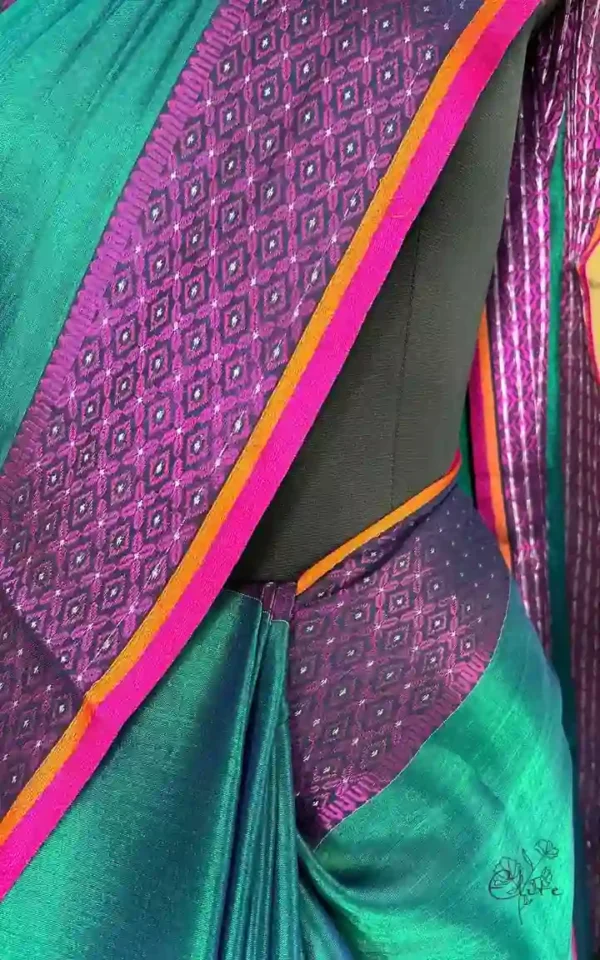 Dark Green n Blue Dual Tone on Pink Border Tissue saree