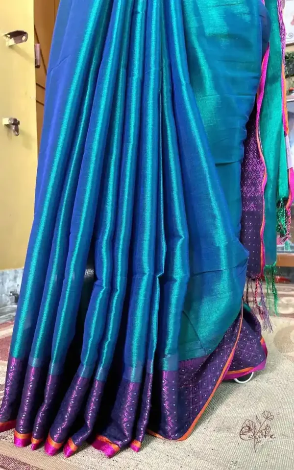 Dark Green n Blue Dual Tone on Pink Border Tissue saree