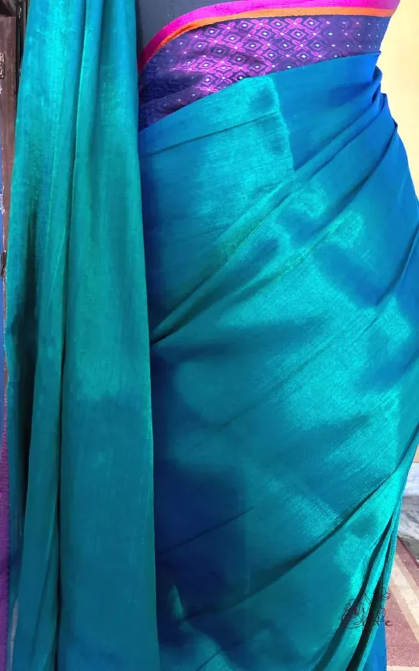 Dark Green n Blue Dual Tone on Pink Border Tissue saree