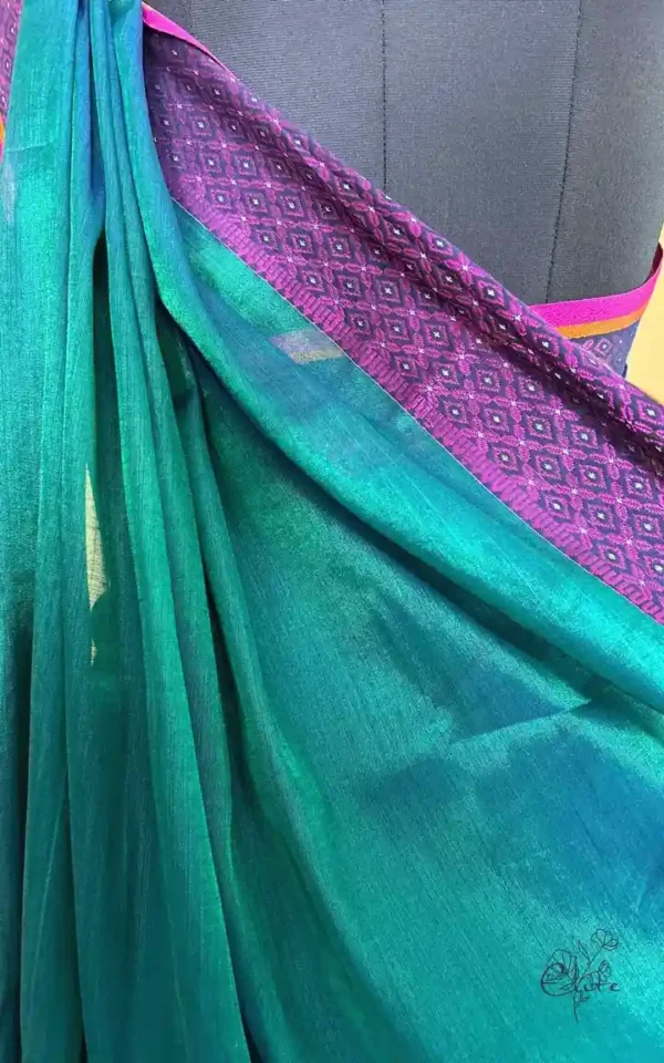 Dark Green n Blue Dual Tone on Pink Border Tissue saree
