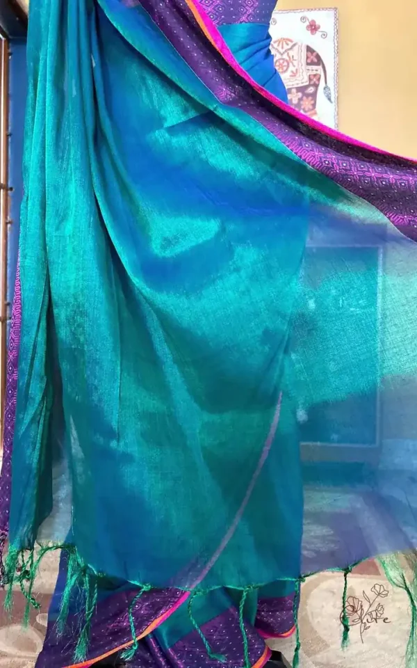 Dark Green n Blue Dual Tone on Pink Border Tissue saree