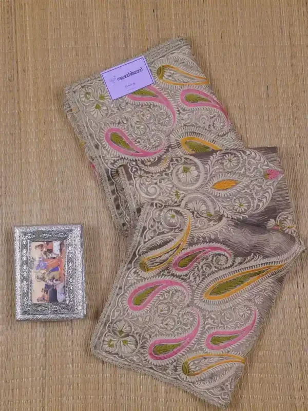 Grey Dual Tone on Multicolor Embroidery work Tissue saree