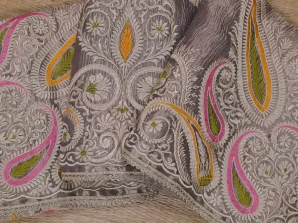 Grey Dual Tone on Multicolor Embroidery work Tissue saree