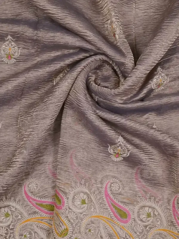 Grey Dual Tone on Multicolor Embroidery work Tissue saree