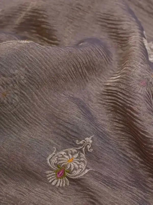Grey Dual Tone on Multicolor Embroidery work Tissue saree