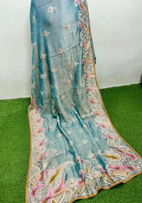 Aqua Blue Dual Tone on Multicolor Embroidery work Tissue saree