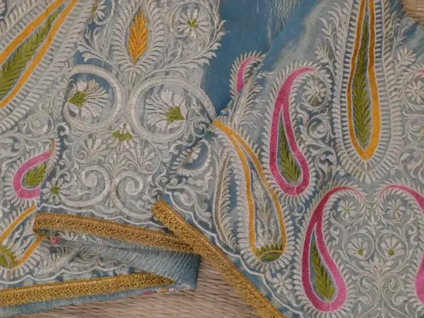 Aqua Blue Dual Tone on Multicolor Embroidery work Tissue saree