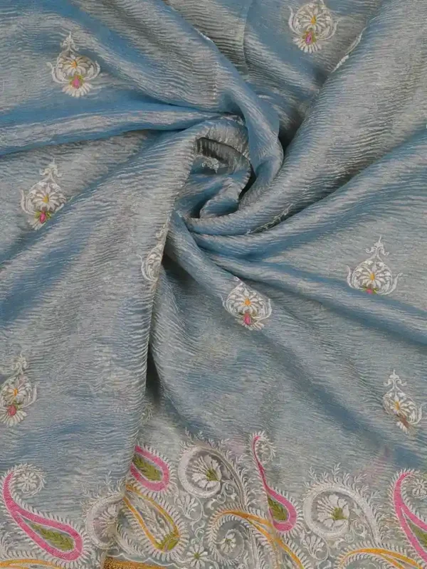 Aqua Blue Dual Tone on Multicolor Embroidery work Tissue saree
