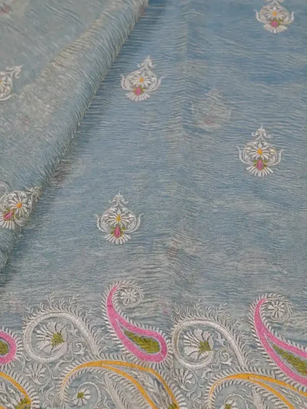 Aqua Blue Dual Tone on Multicolor Embroidery work Tissue saree