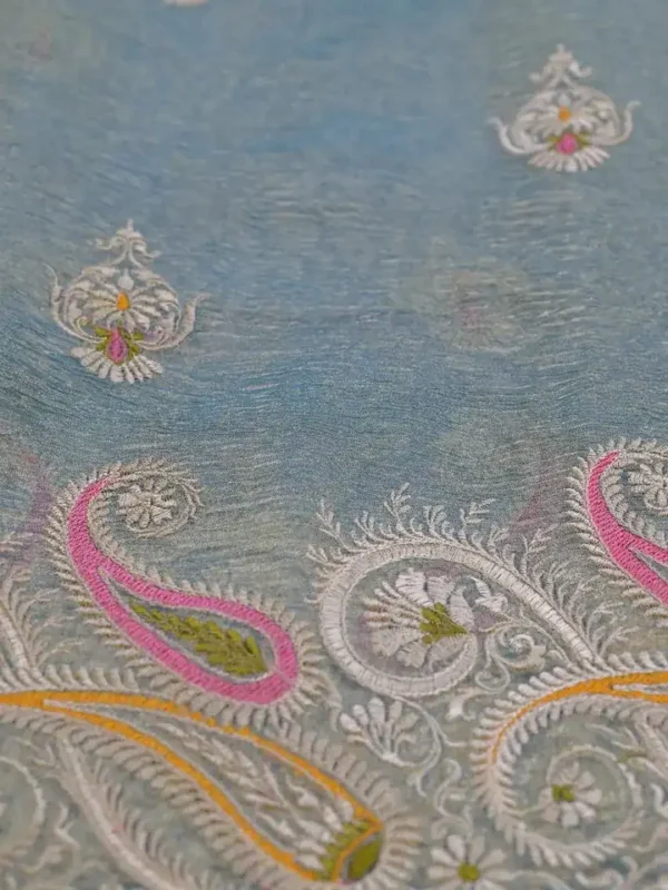 Aqua Blue Dual Tone on Multicolor Embroidery work Tissue saree