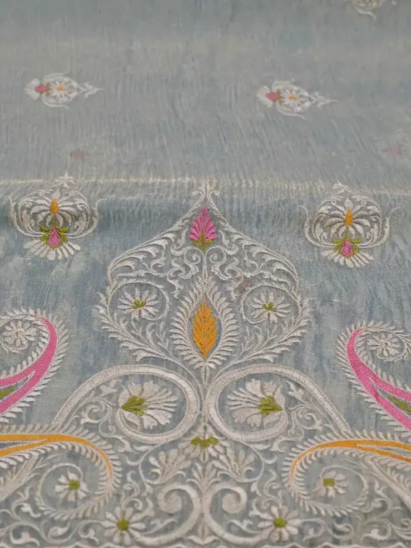 Aqua Blue Dual Tone on Multicolor Embroidery work Tissue saree