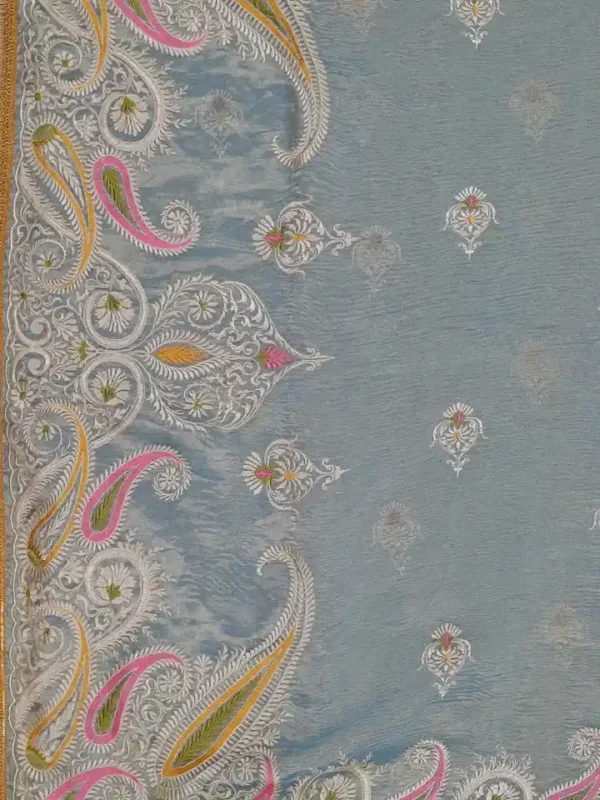 Aqua Blue Dual Tone on Multicolor Embroidery work Tissue saree