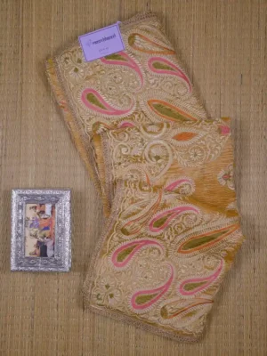golden yellow embroidery border & pallu buti work on crep Tissue silk saree