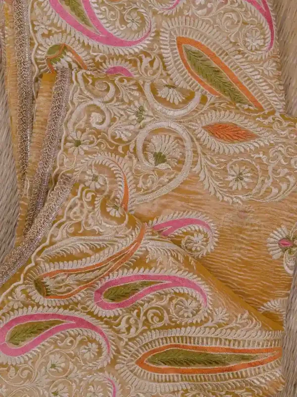 golden yellow embroidery border & pallu buti work on crep Tissue silk saree