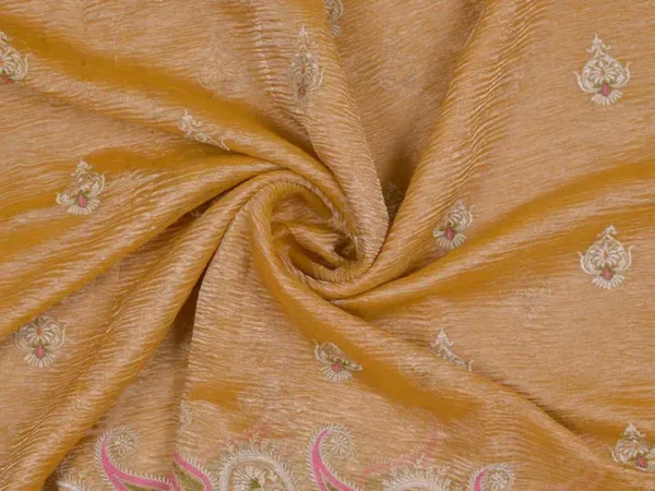 golden yellow embroidery border & pallu buti work on crep Tissue silk saree