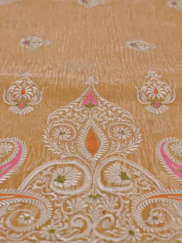 golden yellow embroidery border & pallu buti work on crep Tissue silk saree