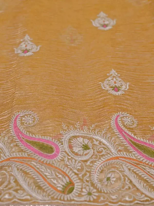 golden yellow embroidery border & pallu buti work on crep Tissue silk saree