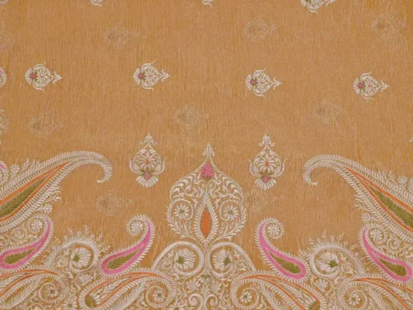 golden yellow embroidery border & pallu buti work on crep Tissue silk saree