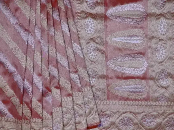 Rust with Silver and Golden zari border n Strip on Tissue silk saree