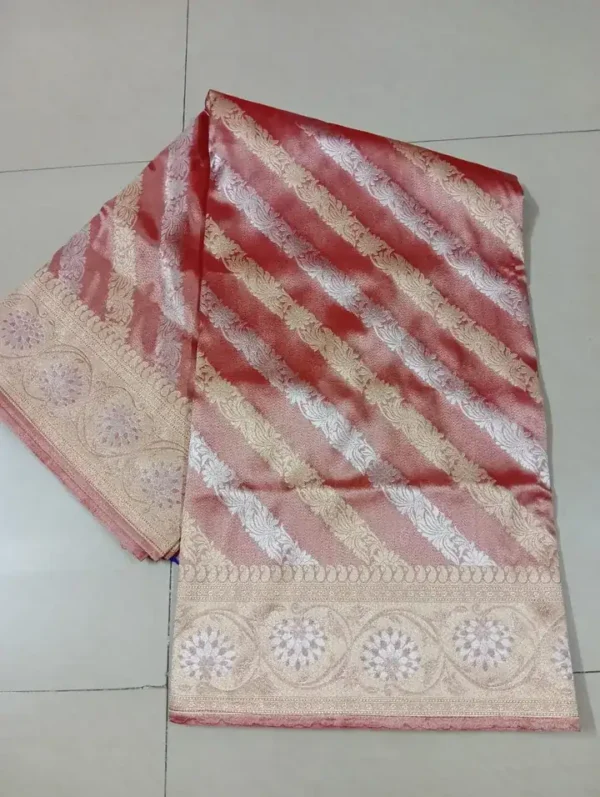 Rust with Silver and Golden zari border n Strip on Tissue silk saree