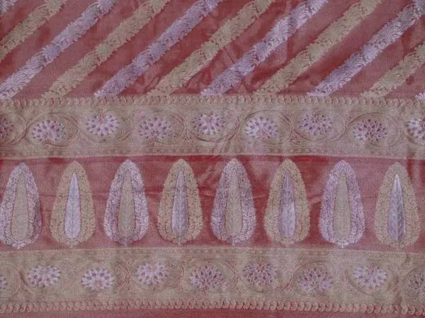 Rust with Silver and Golden zari border n Strip on Tissue silk saree