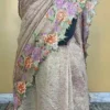 Wine on crush cutwork border with tussles on Tissue saree