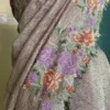 Wine on crush cutwork border with tussles on Tissue saree