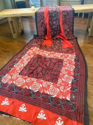 Red body Nakshi Kantha work Pure Katan silk saree