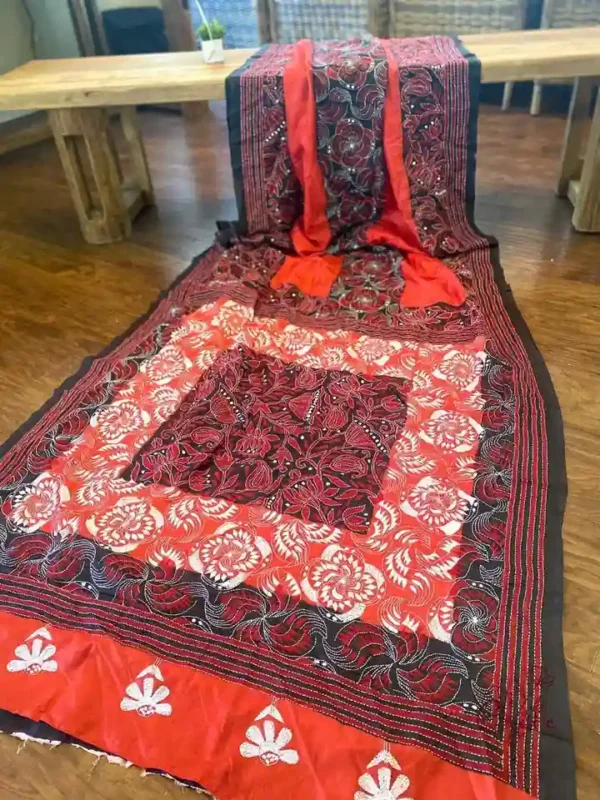 Red body Nakshi Kantha work Pure Katan silk saree