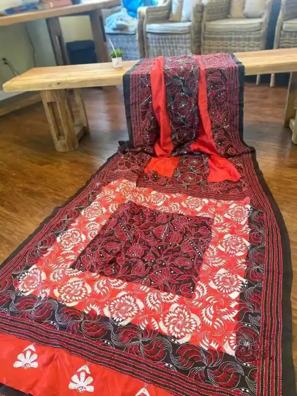 Red body Nakshi Kantha work Pure Katan silk saree