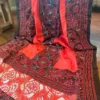Red body Nakshi Kantha work Pure Katan silk saree