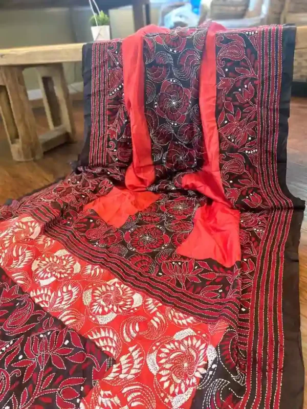Red body Nakshi Kantha work Pure Katan silk saree