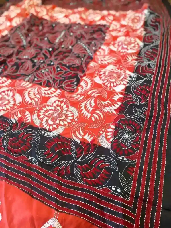 Red body Nakshi Kantha work Pure Katan silk saree