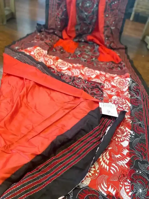 Red body Nakshi Kantha work Pure Katan silk saree