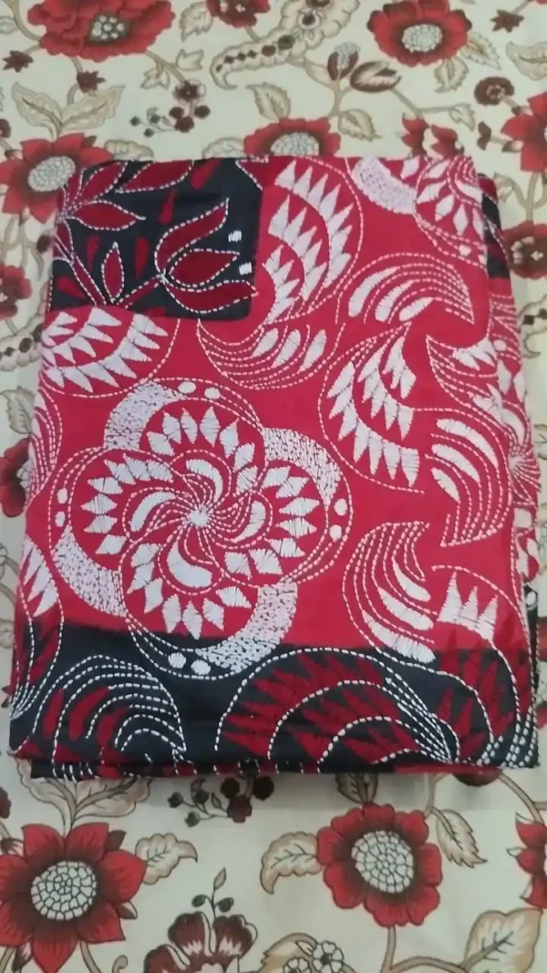 Red body Nakshi Kantha work Pure Katan silk saree