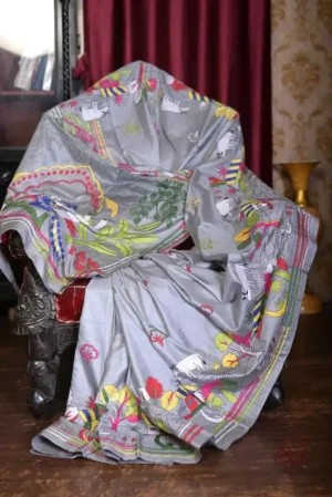 Grey body Nakshi Kantha on Pure Katan silk saree