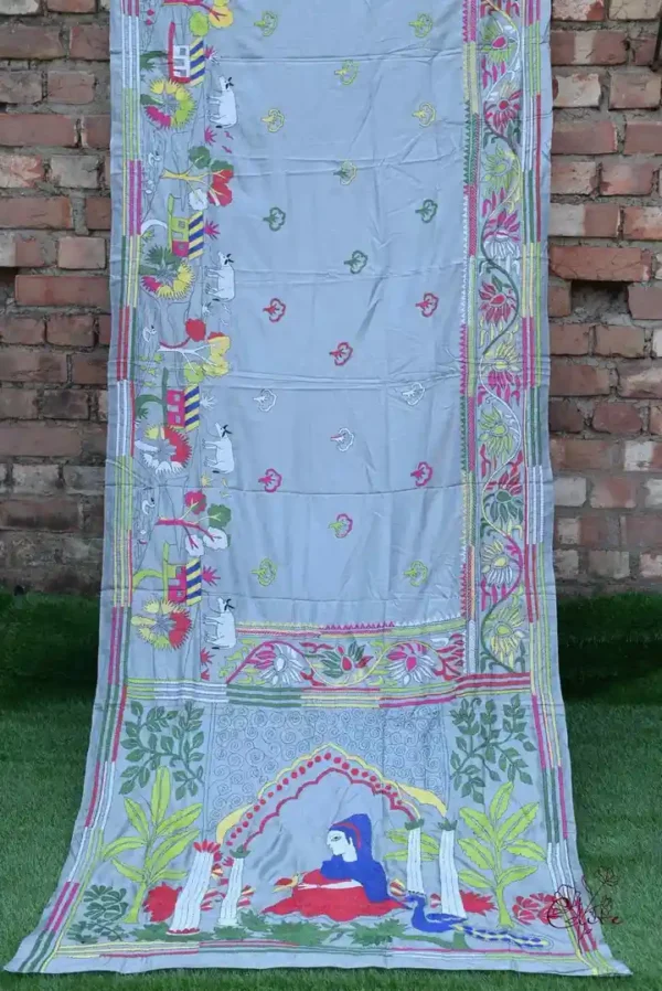 Grey body Nakshi Kantha on Pure Katan silk saree