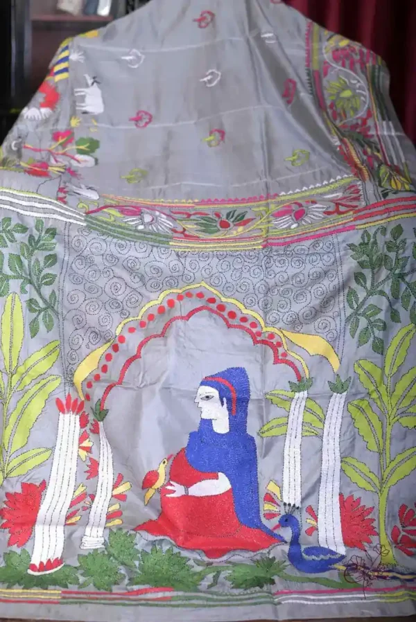 Grey body Nakshi Kantha on Pure Katan silk saree