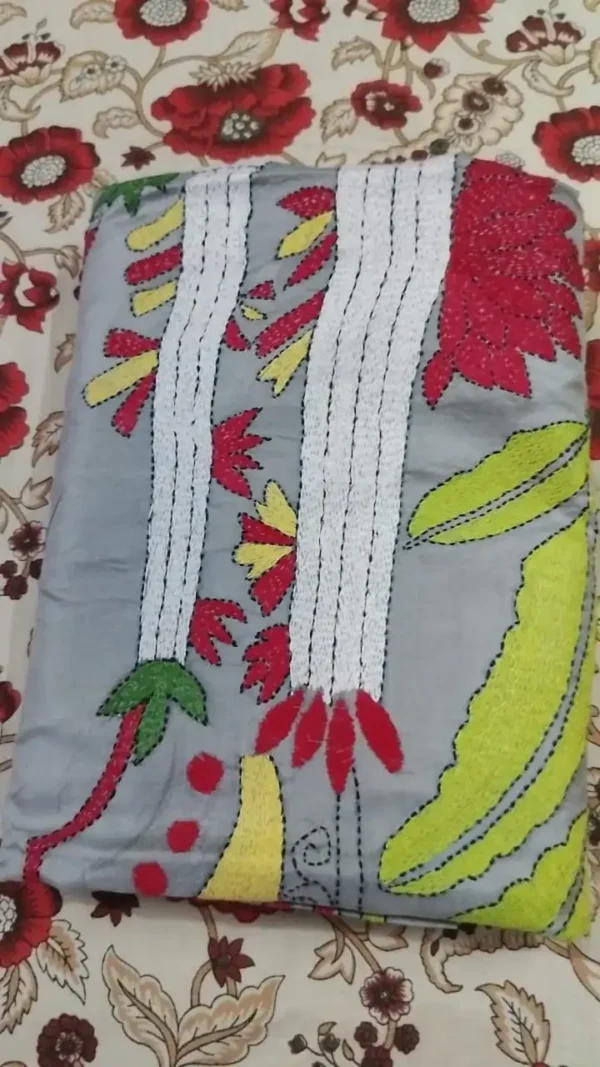 Grey body Nakshi Kantha on Pure Katan silk saree