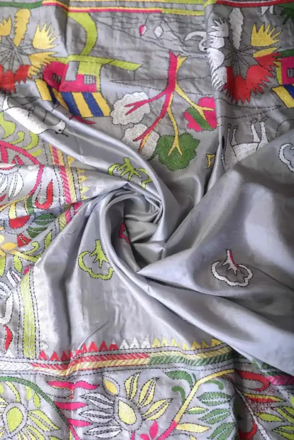 Grey body Nakshi Kantha on Pure Katan silk saree