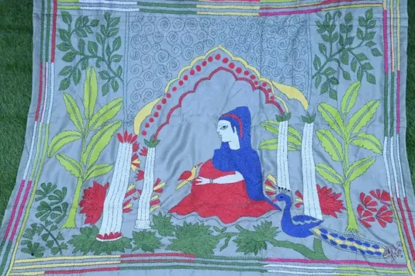 Grey body Nakshi Kantha on Pure Katan silk saree