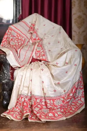Off white body Nakshi Kantha Pure Katan silk saree