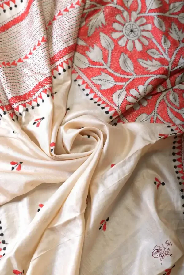 Off white body Nakshi Kantha Pure Katan silk saree