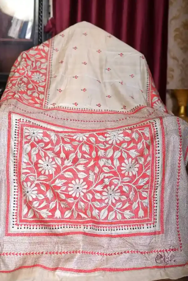 Off white body Nakshi Kantha Pure Katan silk saree