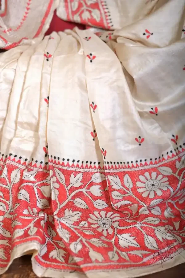Off white body Nakshi Kantha Pure Katan silk saree