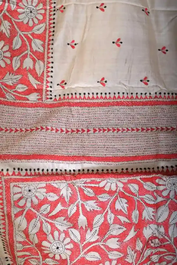 Off white body Nakshi Kantha Pure Katan silk saree