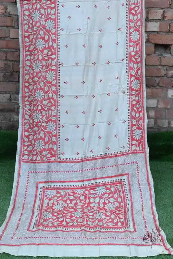 Off white body Nakshi Kantha Pure Katan silk saree