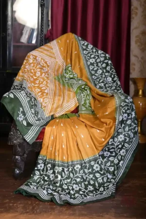Yellow with Green Border White Kantha stitch Tussar silk saree
