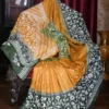 Yellow with Green Border White Kantha stitch Tussar silk saree